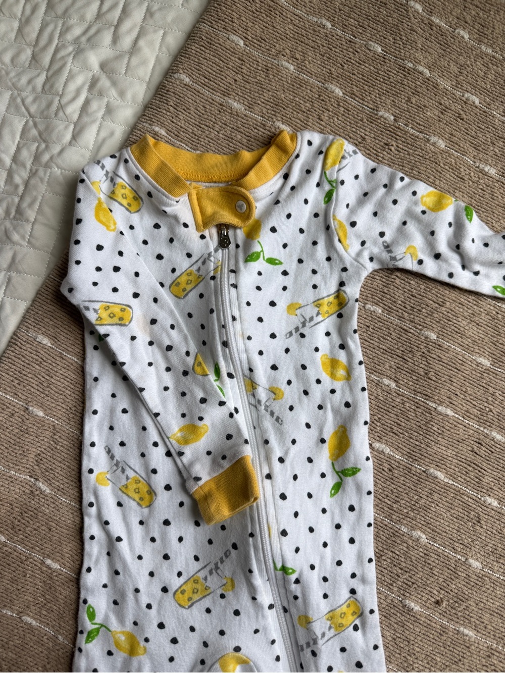 Burt's Bees Baby White Lemon Print Zip Front Footie with Yellow Trim